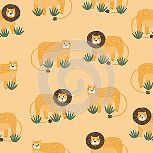 Cute lions with funny eyes and green bush. Savannah animals. Seamless pattern.