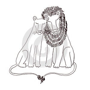 Cute lions together hand drawn illustration.