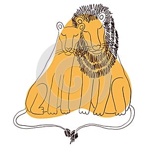 Cute lions together hand drawn illustration.