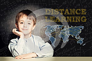 Cute litle child boy student. Concept distant learning, e-learning, internet education