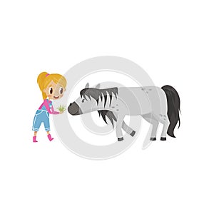 Cute litlle girl feeding horse with green grass, equestrian sport concept cartoon vector Illustration on a white