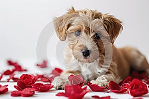 cute little adorable puppy dog surounded by rose petals