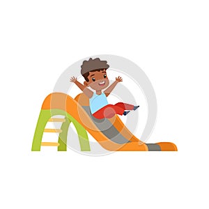 Cute little african american boy sliding down the slide, kid having fun on playground vector Illustration on a white