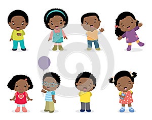 Cute Little African American Children in Colorful Clothes Posing Kawaii Style