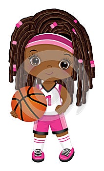 Cute Little African American Girl Playing Basketball. Vector Black Basketball Player