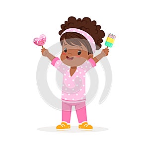 Cute little african girl character feeling happy with her ice cream cartoon vector Illustration