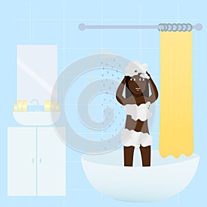 Cute little african girl taking shower, washing body and hair,bathroom interior objects, hygeine concept