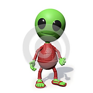 Cute little alien cartoon character standing, visitor form outer space 3d illustration, on white background