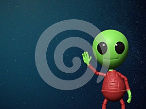 Cute little alien cartoon character is waving his hand in empty space front of the stars 3d illustration background