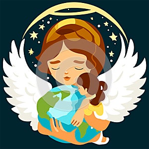 Cute little angel with earth in her hands. Vector illustration. AI Generated