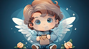 Cute little angel with gift box on dark blue background illustration