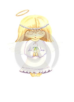 Cute little angel girl with closed eyes in cartoon style. Clipart on a white isolated background. Watercolor illustration