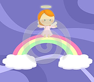 Cute little angel girl seated on rainbow