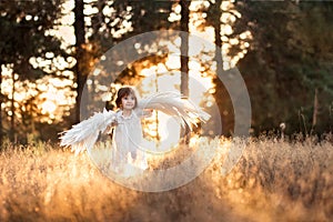 Cute little angel girl in white clothes, dress and wings, standing where the light of sunset, the sun& x27;s rays in the