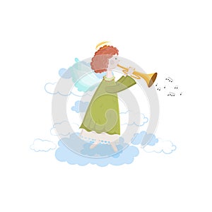Cute little angel with trumpet isolated on a white background