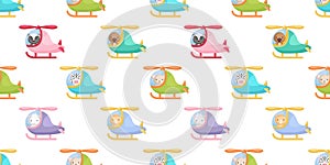 Cute little animals fly on helicopter seamless childish pattern. Funny cartoon animal character for fabric, wrapping