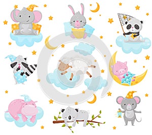 Cute little animals sleeping under a starry sky set, lovely elephant, bunny, panda, raccoon, sheep, piglet, hippo