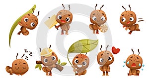 Cute little ant baby doing various activities set. Brown insect cartoon character vector illustration