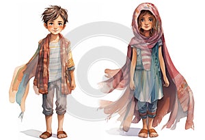 Cute little Arabic boy and girl, her cute accentuated by a vibrant and colorful veil, watercolor