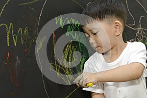 Cute little asian boy enjoying arts and crafts painting