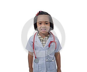 Cute Little asian girl doctor smiling and holding stethoscope while wearing Doctor`s uniform