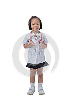 Cute Little asian girl doctor smiling and holding stethoscope while wearing Doctor`s uniform