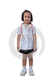 Cute Little asian girl doctor smiling and holding stethoscope while wearing Doctor`s uniform
