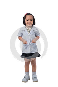 Cute Little asian girl doctor smiling while wearing Doctor`s uniform