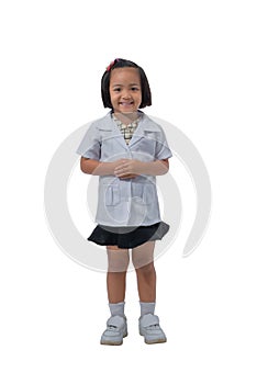 Cute Little asian girl doctor smiling while wearing Doctor`s uniform