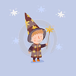 Cute little astrologer with hat, dress and gold star stick in hand. Young boy in wizard costume. Cartoon character.