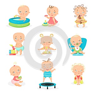 Cute little babies and their daily routine set. Happy smiling little boys and girls vector illustrations