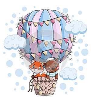 Cute little baby bear and fox flying with air balloon