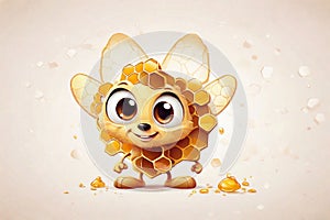 Cute little baby bee holding a honeycombs