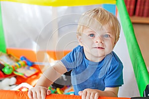 Cute little baby boy playing in colorful playpen, indoors