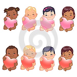 Cute little baby boys and girls of various nations hold heart.