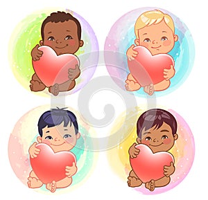 Cute little baby boys of various nations hold heart.