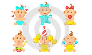 Cute Little Baby Character Set, Adorable Newborn Boy or Girl Daily Routine Vector Illustration