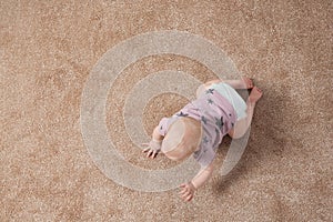 Cute little baby crawling on carpet indoors, with space for text