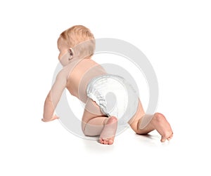 Cute little baby crawling on white