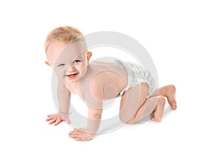 Cute little baby crawling on white