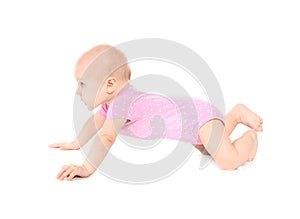 Cute little baby crawling on white