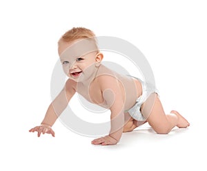 Cute little baby crawling on white