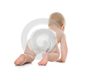 Cute little baby crawling on white