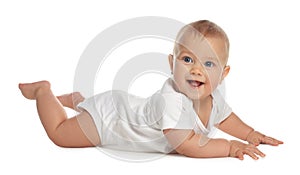 Cute little baby crawling on white background