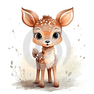 Cute little baby deer. Watercolor cartoon illustration isolated on white background.