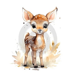 Cute little baby deer. Watercolor cartoon illustration isolated on white background.