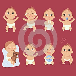 Cute little baby in diaper with different emotions