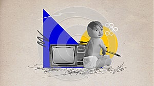 Cute little baby in diaper sitting near retro TV. Watching cartoons and fairy tales. Contemporary art collage. Creative