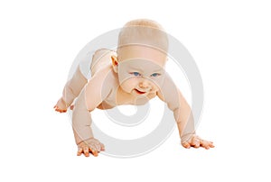Cute little baby in diapers crawls on white background