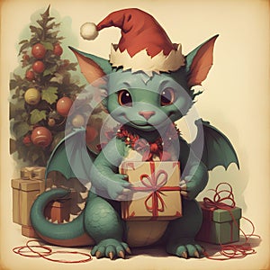 Cute little baby dragon in Santa Claus hat with gift boxes on background of New Year\'s decor and Christmas tree.